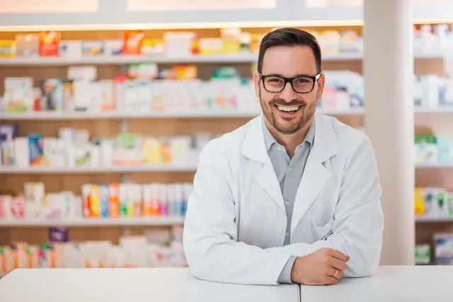 Pharmacist smiling behind counter in pharmacy, wearing lab coat and glasses. Shelves of products in background.