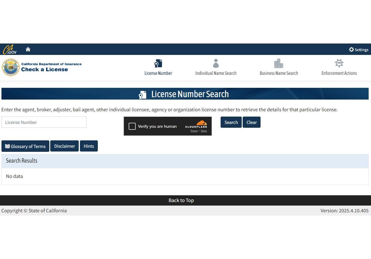 CA license verification landing page