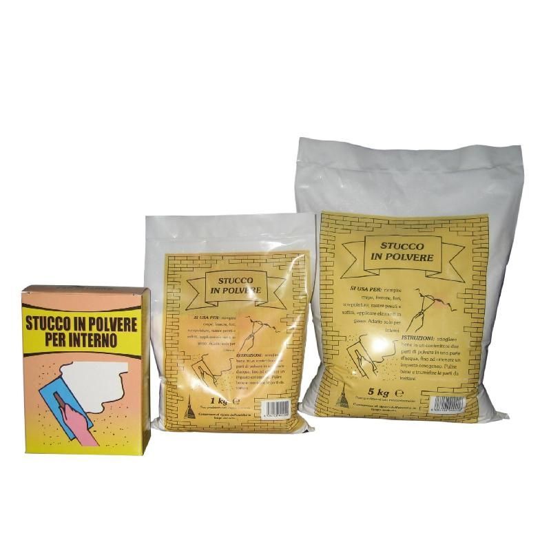 una scatola di stucco in polvere per interno e due sacchetti di stucco in polvere per interno