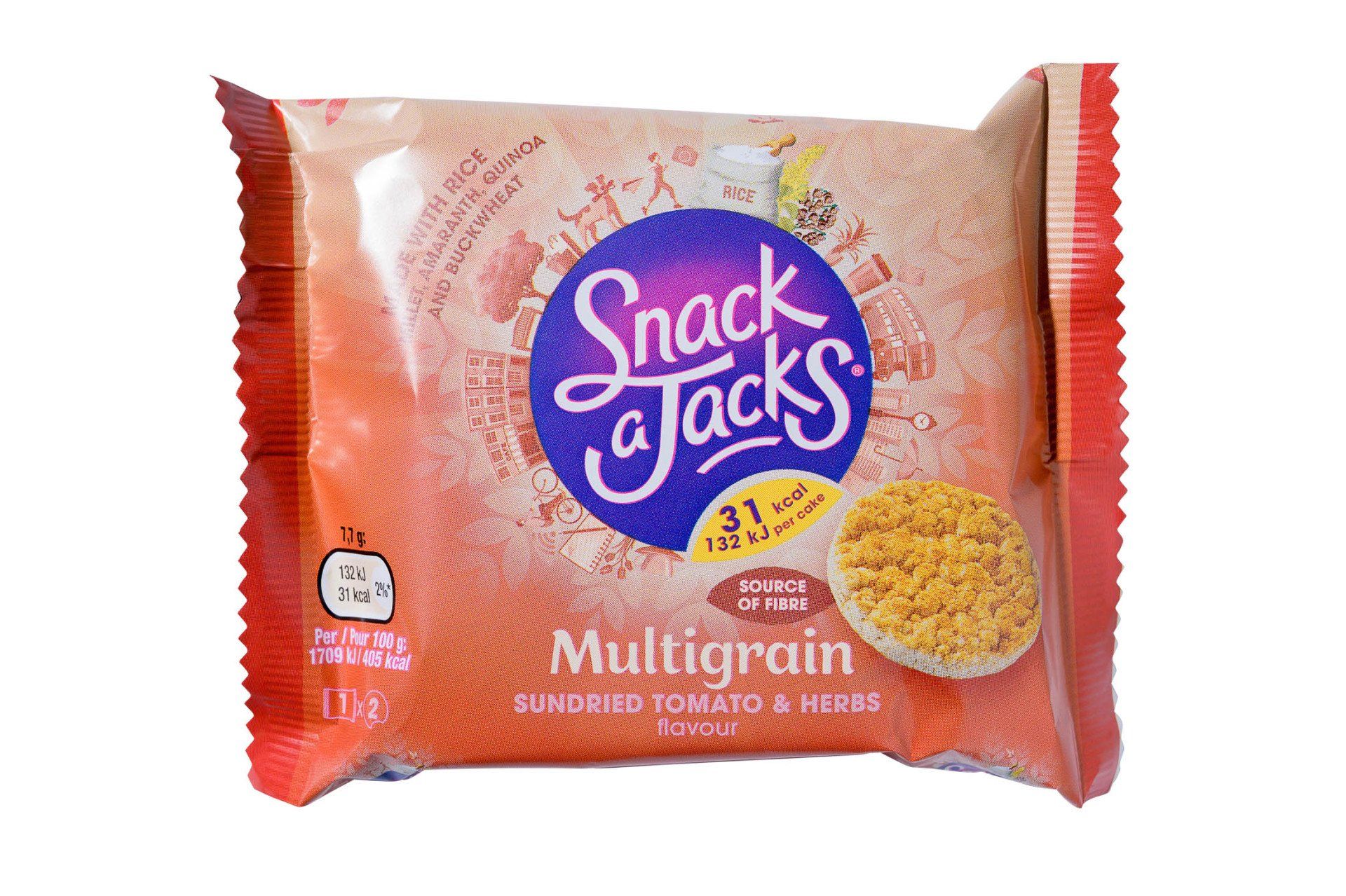 Een zak Snack Jacks meergranen crackers op een witte achtergrond.