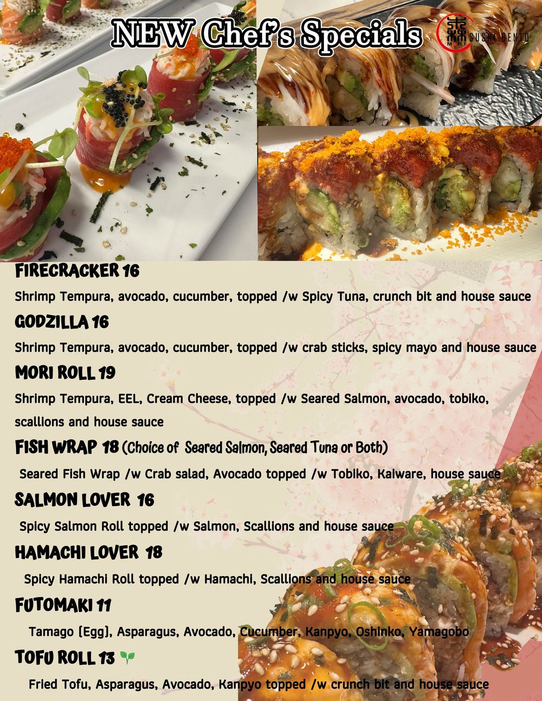Menu featuring new chef's specials with various sushi rolls, including Mori Roll, Fish Wrap, Salmon Lover, and Tofu Roll.