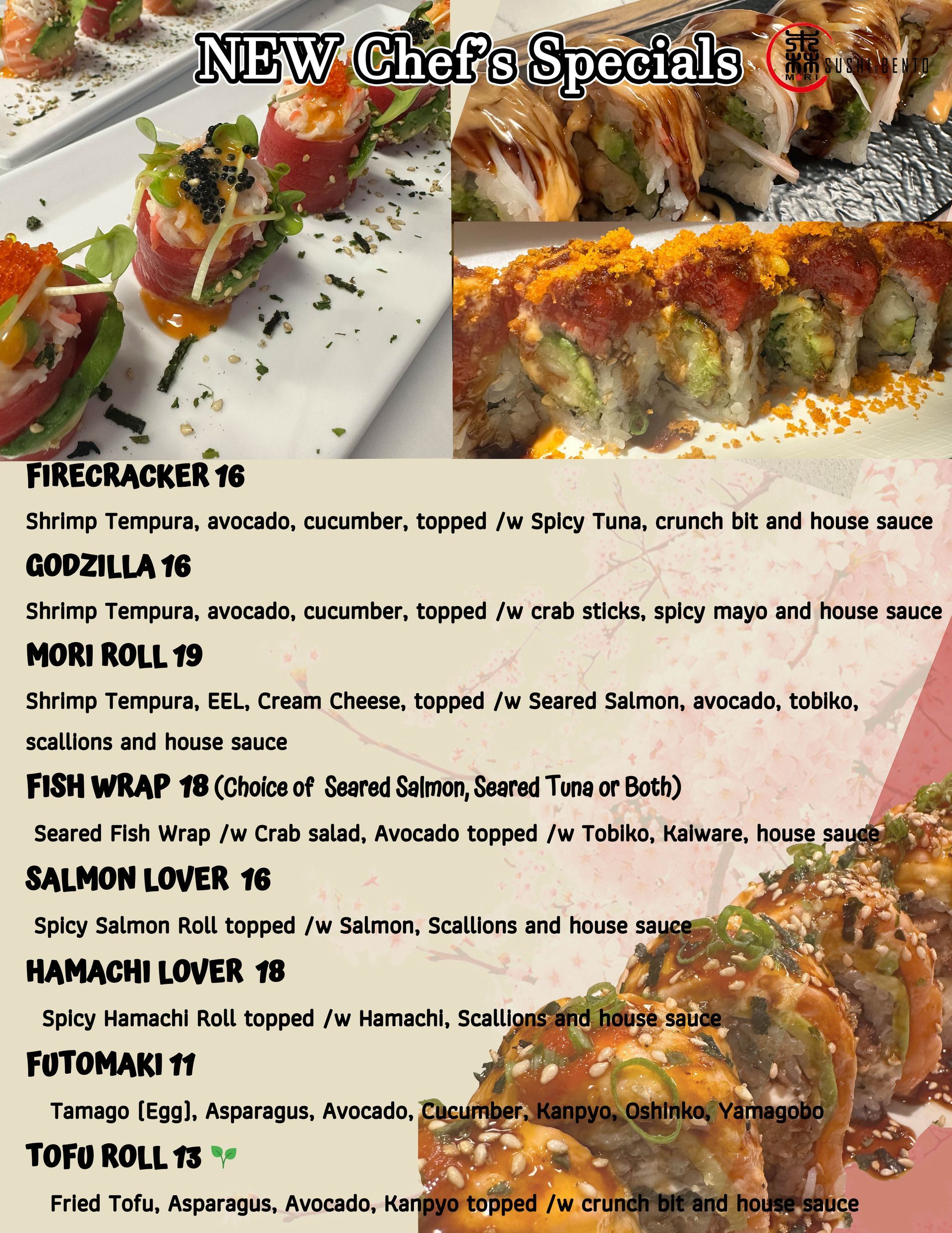 Menu featuring new chef's specials with various sushi rolls, including Mori Roll, Fish Wrap, Salmon Lover, and Tofu Roll.