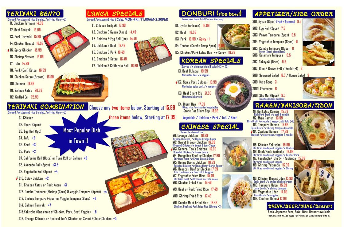 A colorful menu featuring various Asian dishes, including teriyaki, donburi, Korean, and Chinese specials, with prices listed.
