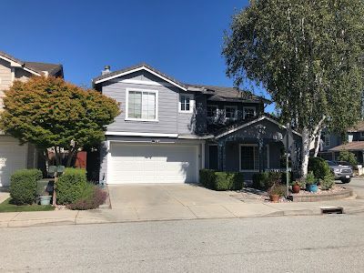 Two-story gray house with white garage door and driveway, trees and bushes in front.