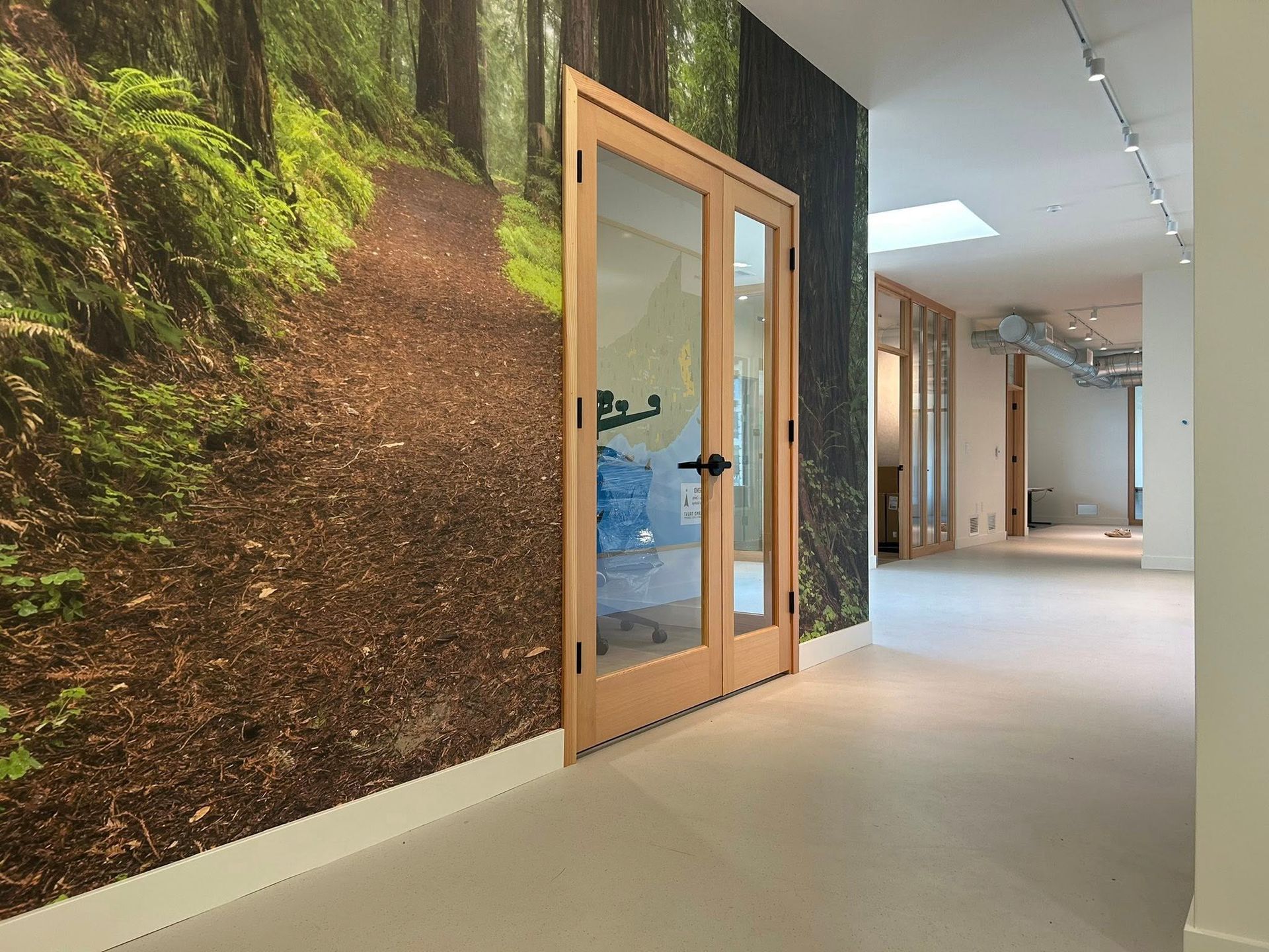 Hallway with nature mural wall, light wood double doors, and bright, open space.