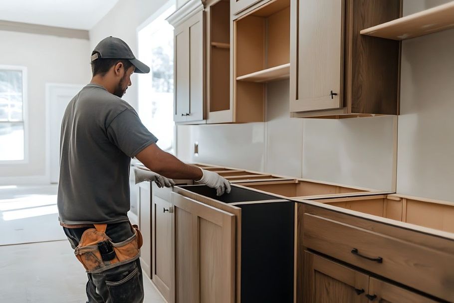 Worker installing kitchen cabinets in a bright, unfinished kitchen