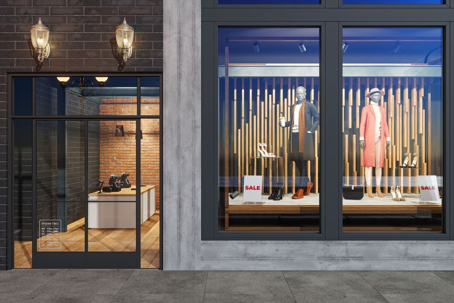 A storefront featuring a glass door and two display windows with mannequins, brick accents, and a modern, neutral design.