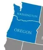 A map showing the states of Washington and Oregon highlighted in blue against a grey background.