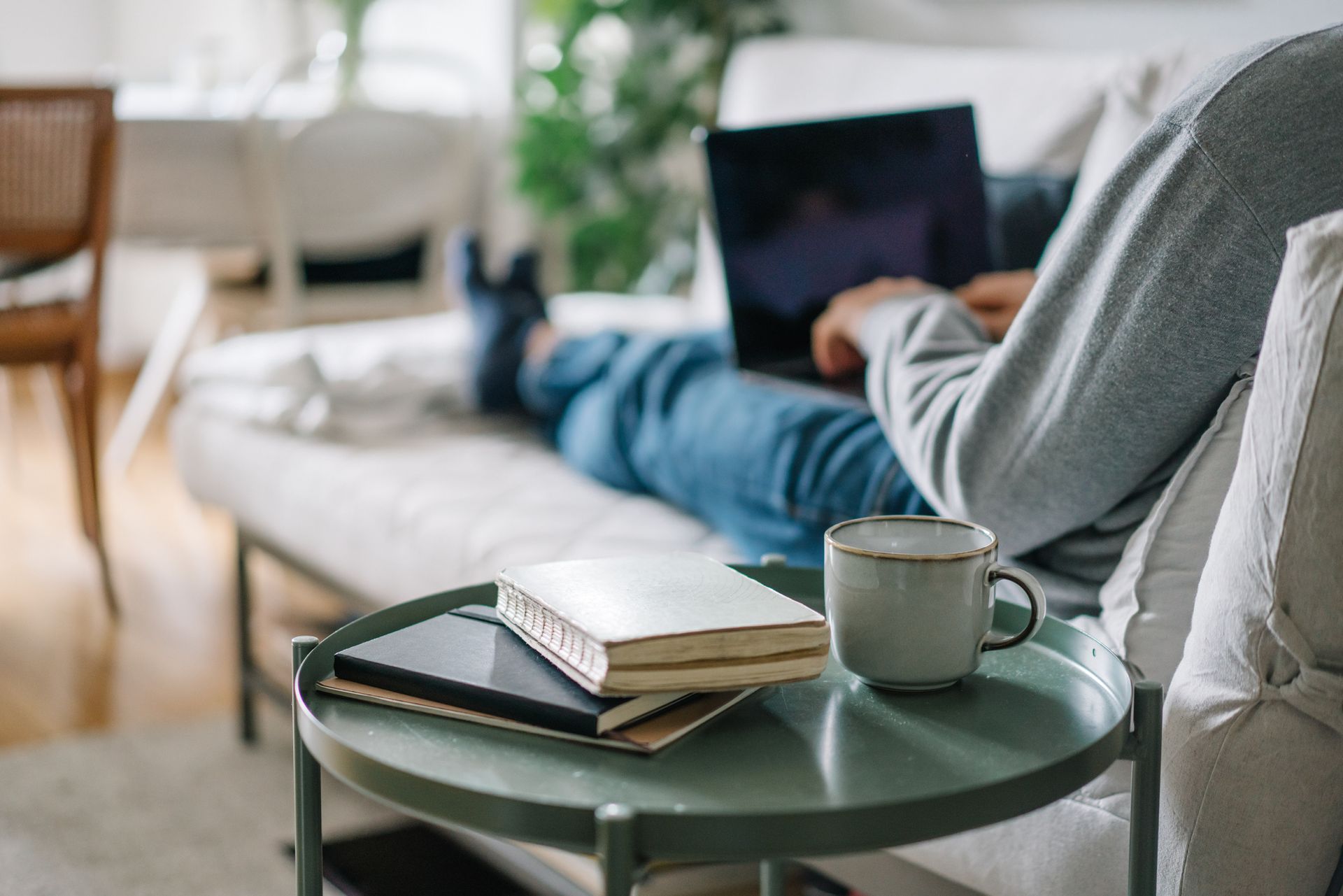 a person is sitting on a couch using a laptop computer .