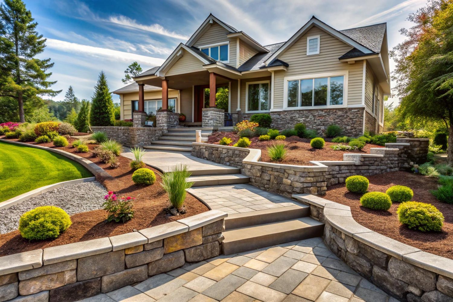 Stone house with a landscaped yard, stone pathways and steps, and a blue sky.