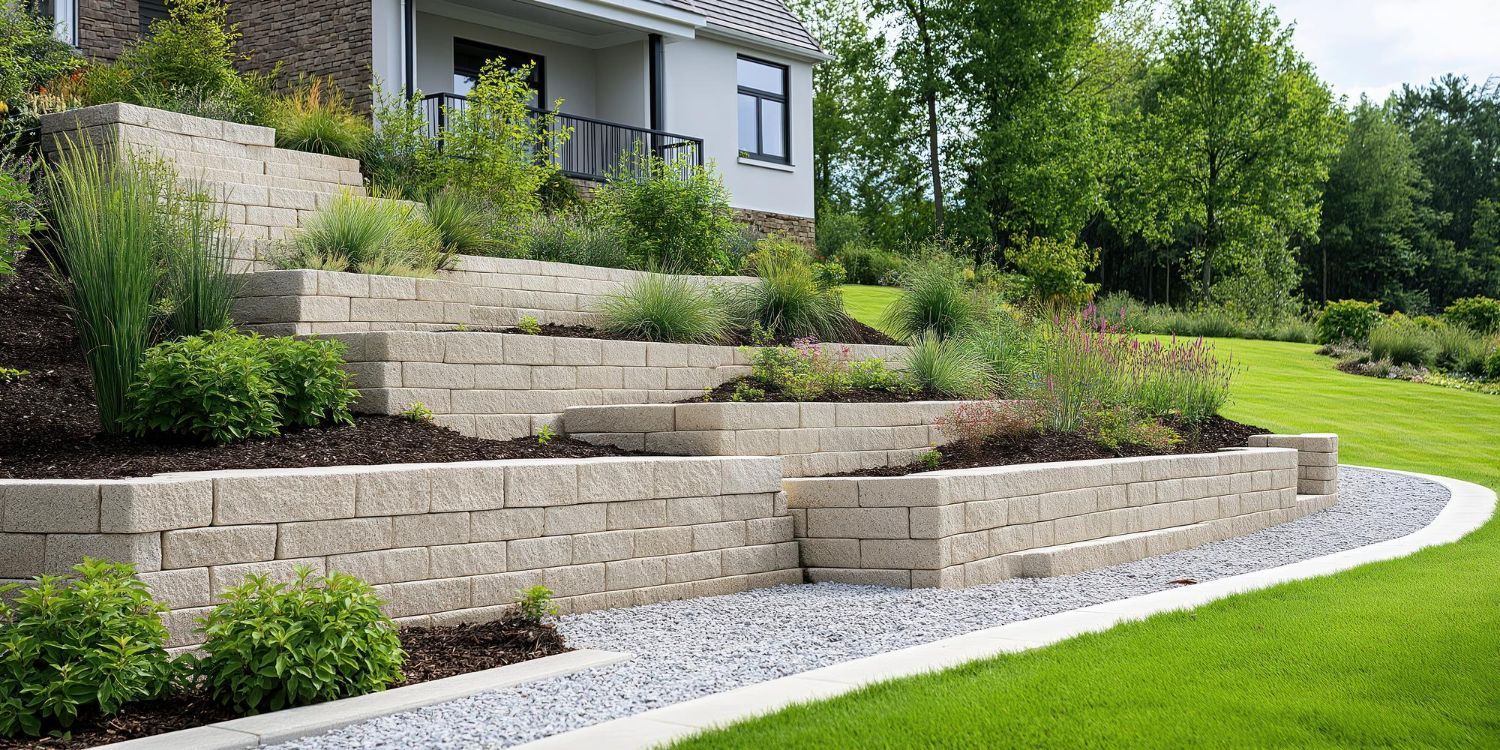 Stone retaining walls with plants and lawn by a house.