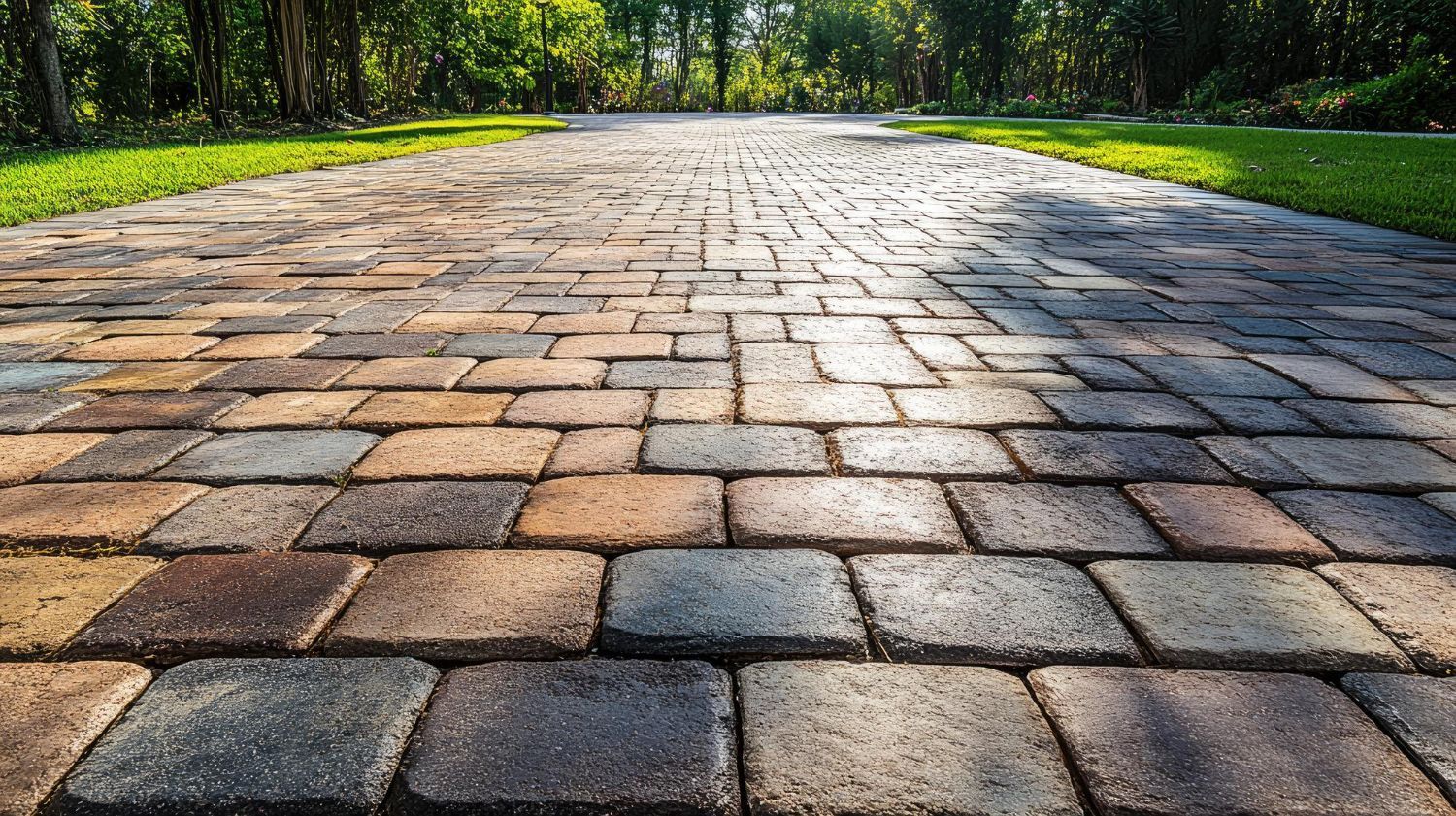 Brick paver driveway leading towards trees and sunlight.