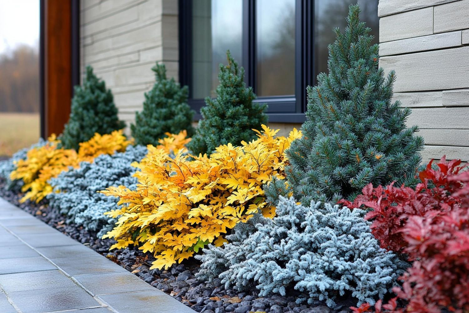 Colorful shrubs and conifers planted in a bed with black rocks, next to a modern building.