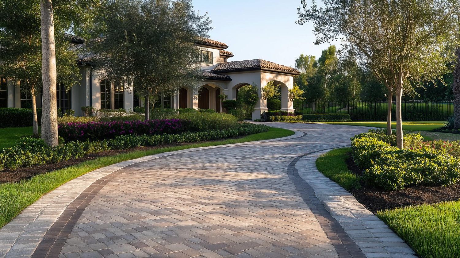 Paver driveway curves toward a stucco home with landscaped flower beds and trees.
