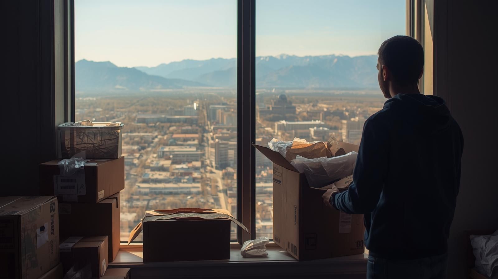 Person standing by a window with moving boxes, overlooking downtown Salt Lake City.
