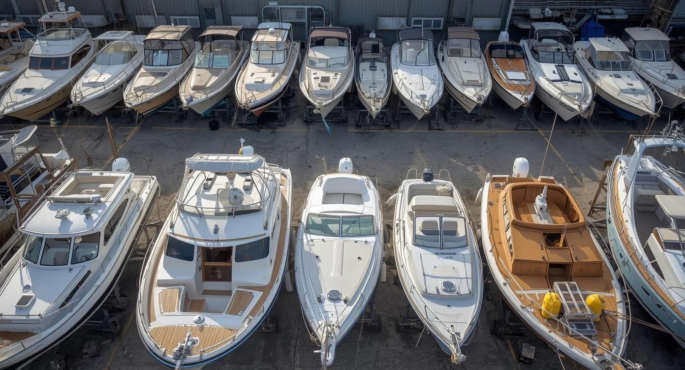 Boats stored side by side in a secure boat storage facility