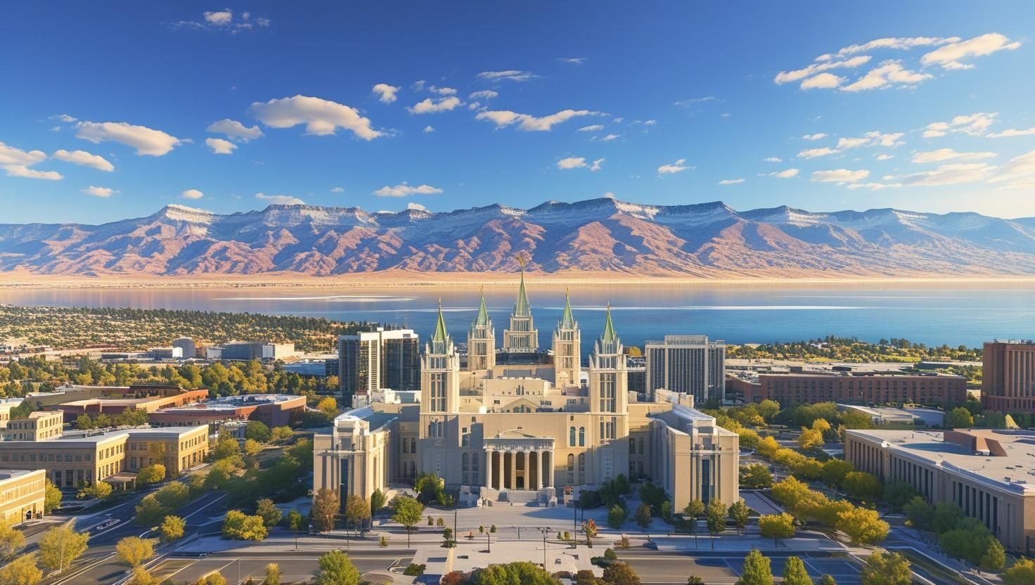 Temple Square in Salt Lake City with the Wasatch Mountains and Great Salt Lake in the background