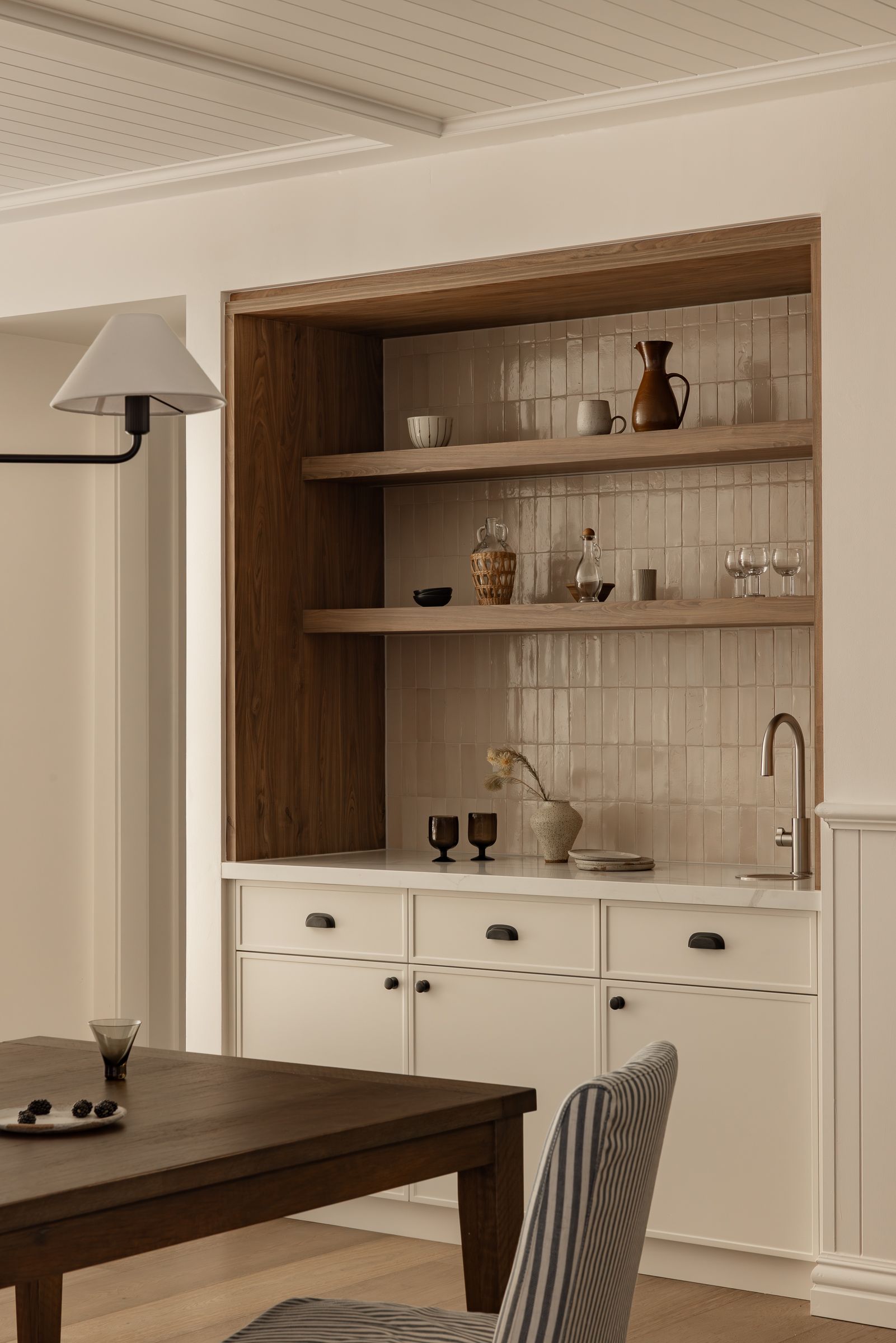 Built-in Bar With Wooden Shelves and White Cabinets — SDC Building Design In Kiama, NSW