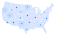 Map of the United States with blue circles indicating locations, varying in size, with lighter blue surrounding rings.
