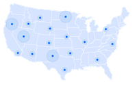 Map of the United States with blue circles indicating locations and their relative sizes.