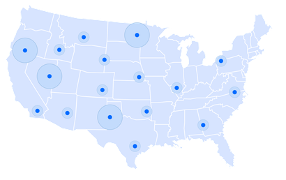 Map of the United States with blue circles indicating locations, varying in size, with lighter blue surrounding rings.