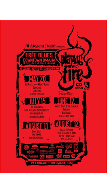 A red poster advertising free blues and flaming tires