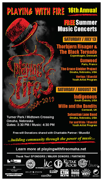 A poster for playing with fire 16th annual free summer music concerts