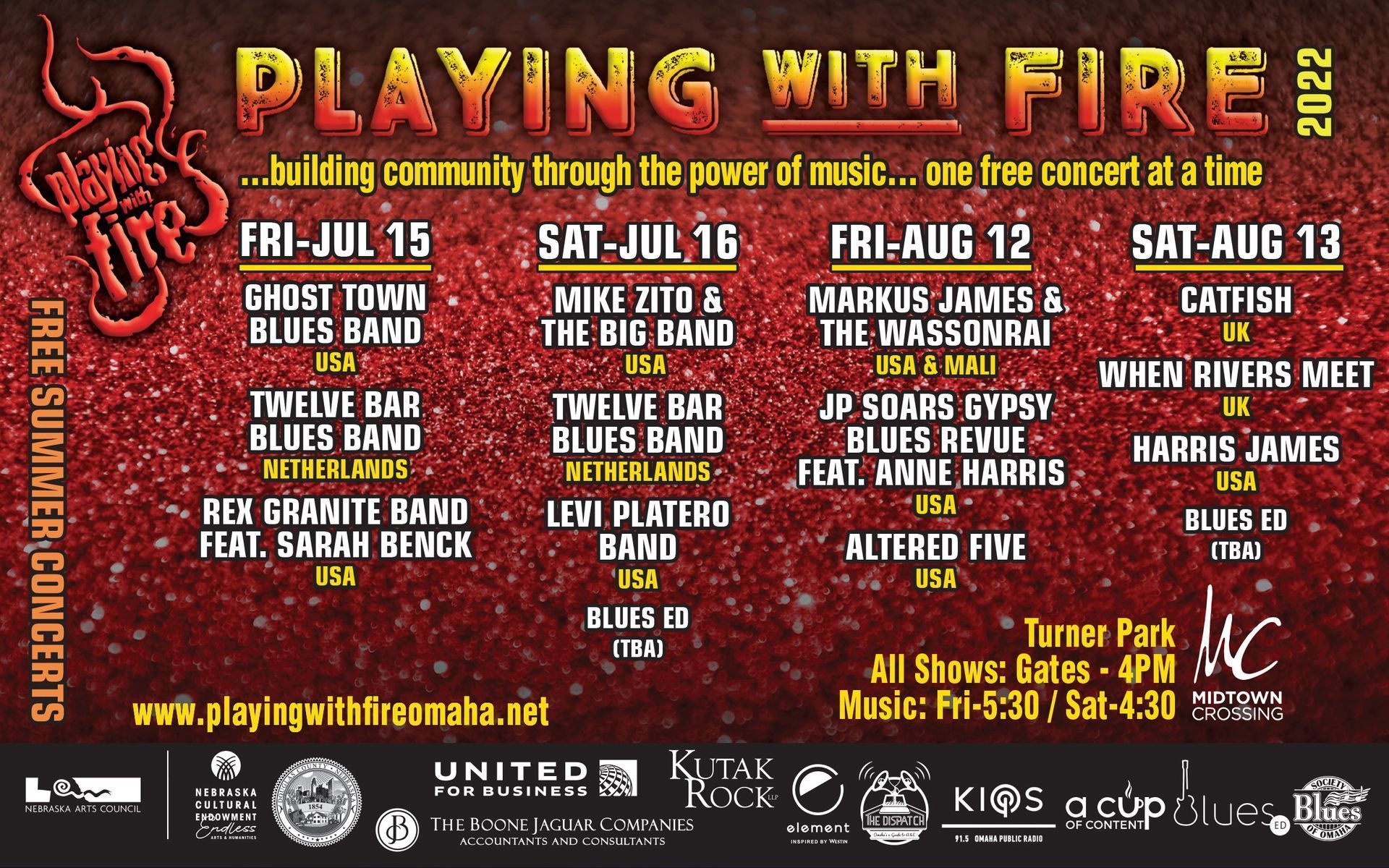 A poster for playing with fire shows a variety of bands