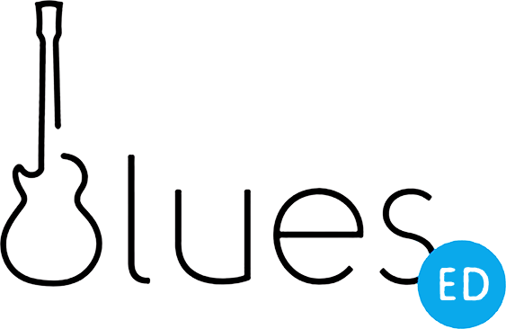 A logo for blues ed with a guitar in the middle.