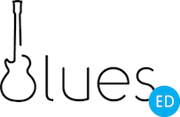 A logo for a company called blues ed with a guitar in the middle.