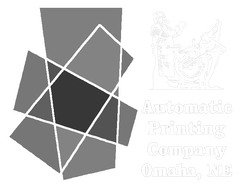 Gray geometric logo with white intersecting lines and faint text reading “Automatic Printing Company Omaha, NE”