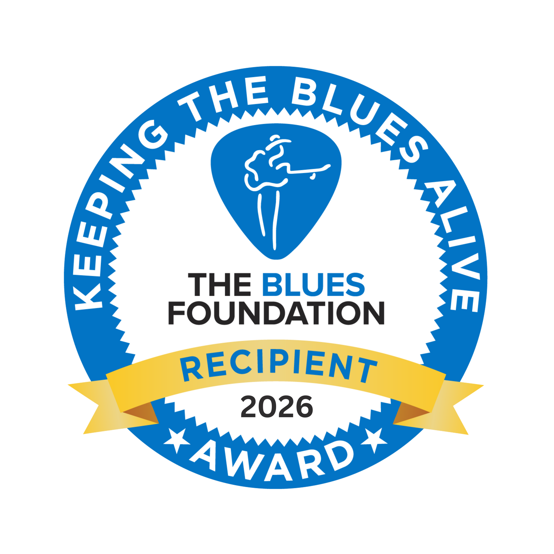 Blues Foundation award logo with a guitar pick icon, blue and gold,