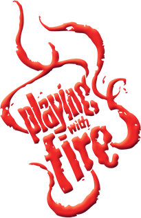 A logo for playing with fire with a red flame