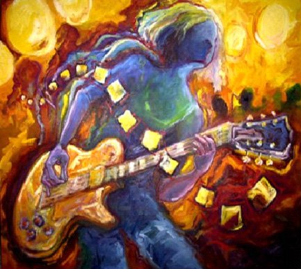 A painting of a person playing an electric guitar