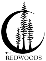 A black and white logo for the redwoods with three trees in a circle.