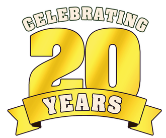 A logo that says celebrating 20 years with a yellow ribbon