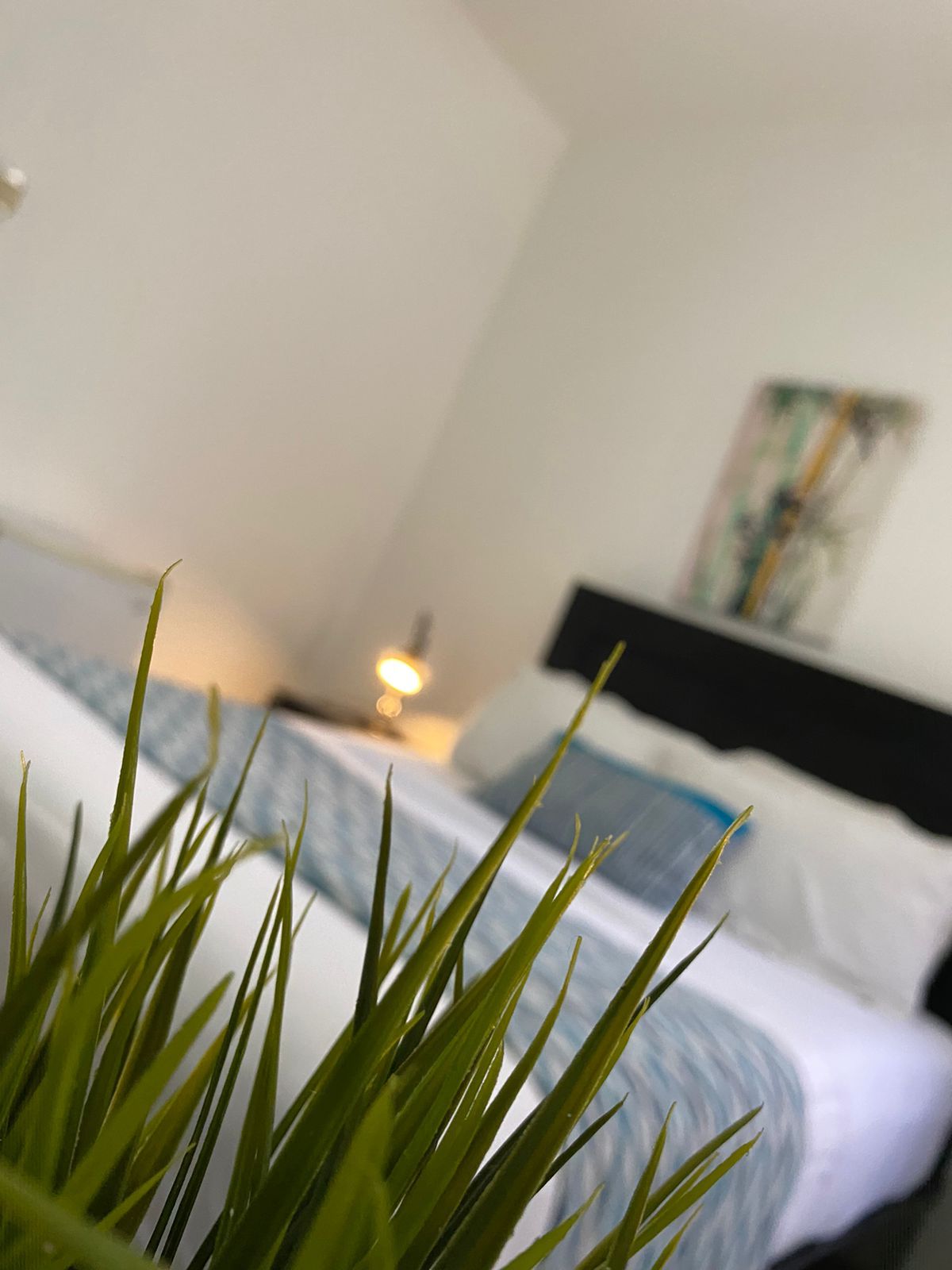 Bed with white sheets, blue accents, and a small painting; foreground has green grass.