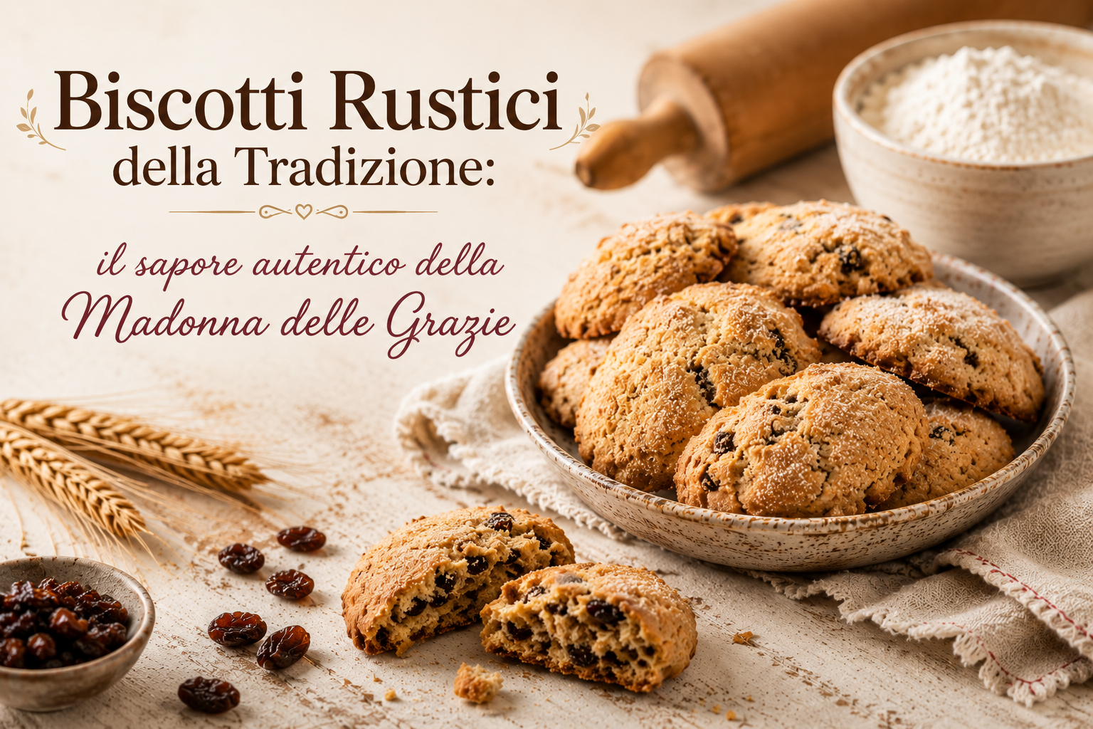 Biscotti rustici italiani su un tavolo di lino con grano, farina, spezie e testo sui tradizionali biscotti della Madonna delle Grazie