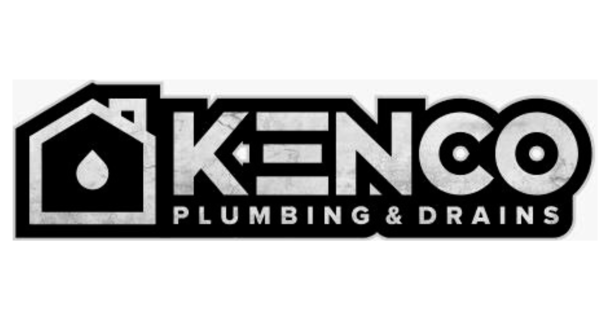 Logo for Kenco Plumbing & Drains featuring a house outline with a water droplet, and the company name.