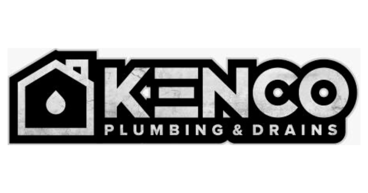 Kenco Plumbing & Drains logo: Black house icon with water drop, the company name, and "Plumbing & Drains".