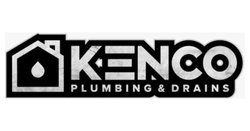 Kenco Plumbing & Drains logo: Black house icon with water drop, the company name, and "Plumbing & Drains".