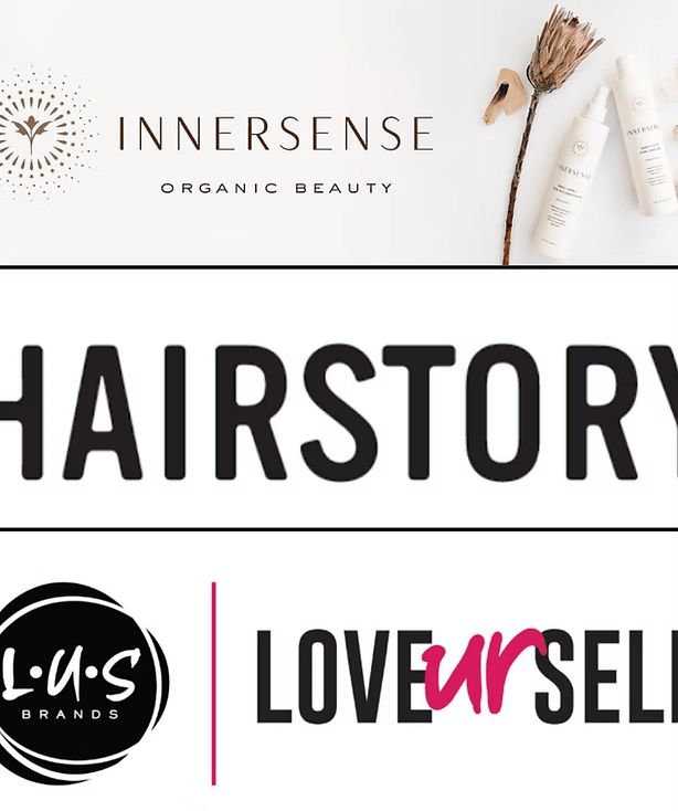 Logos for Innersense Organic Beauty, Hair Story, and LUS Brands.