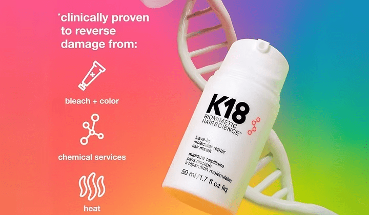K18 hair product with DNA strand, reversing damage from bleach, color, chemical services, and heat.