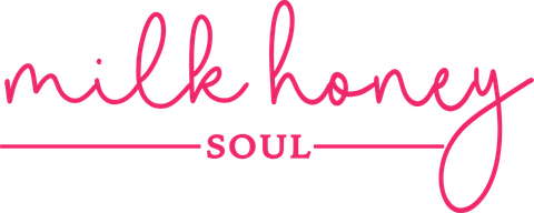 Milk honey Soul logo in pink cursive with a horizontal line below, and 