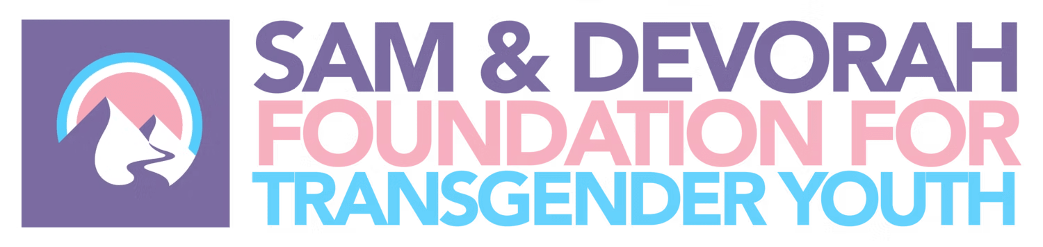 Logo for Sam & Devorah Foundation for Transgender Youth: purple square with a mountain and sun graphic, text in purple, pink, and blue.