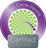 Green Circle Salons certified logo: purple and green circular design, gray 