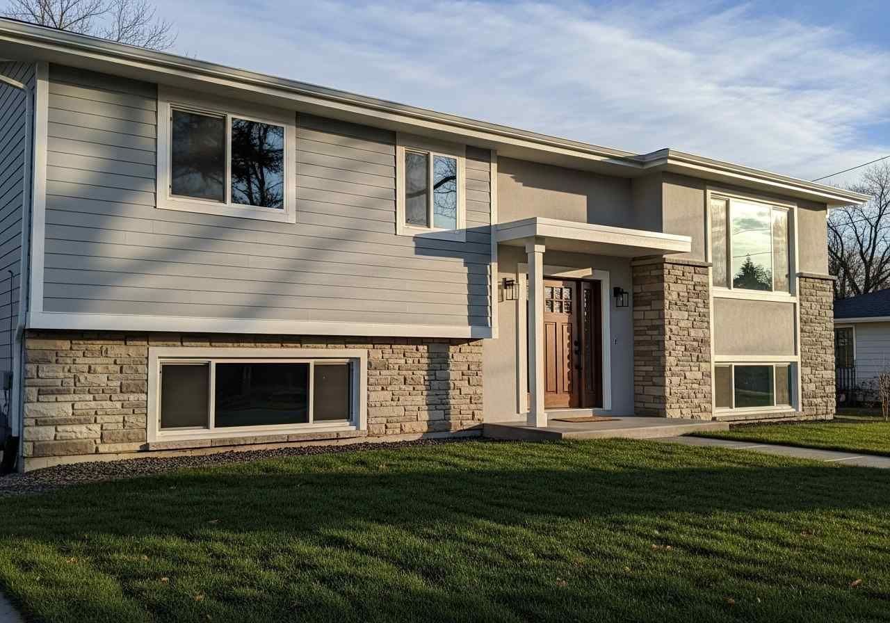 Two-story house with gray siding and stone accents; front door under a small covered entry; green lawn.