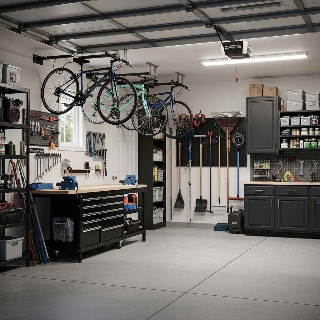 A well-organized garage with bikes hanging from the ceiling, workbenches, storage cabinets, and various tools. Black, gray, and wooden tones dominate.