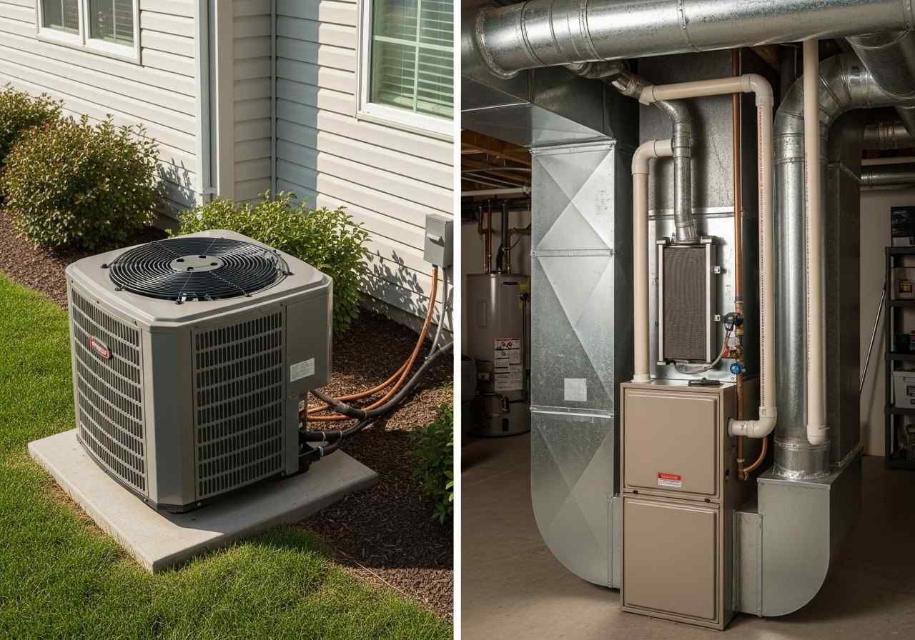 Air conditioning unit outside a house next to an HVAC system inside.