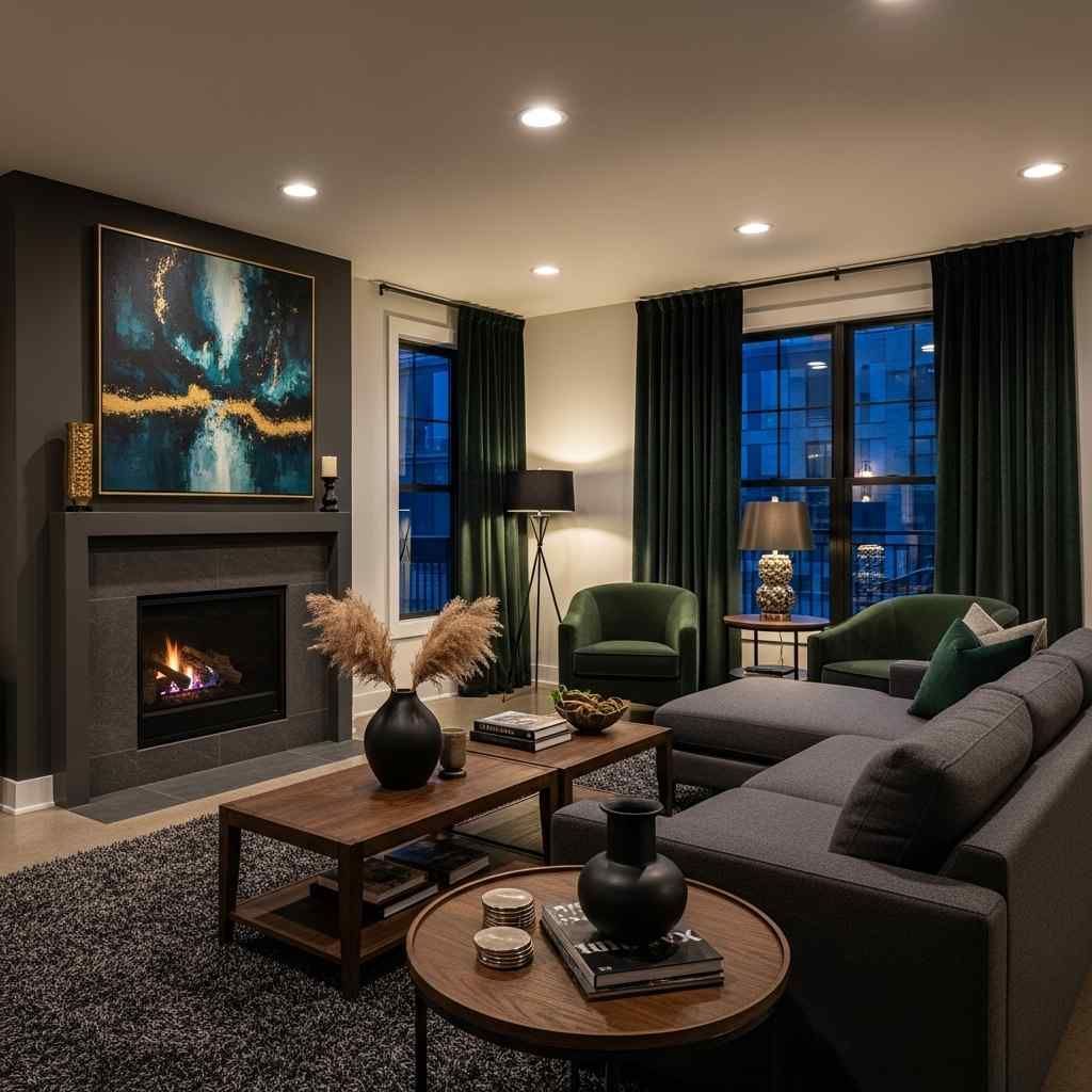 Cozy living room with a gray sectional sofa, dark green curtains, and a fireplace with a blue and gold painting above it.